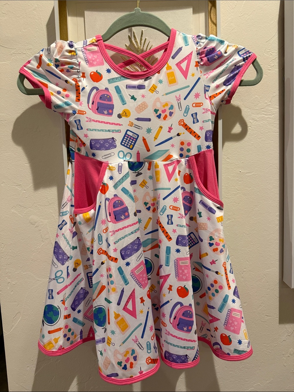 Girls' Pink School-Print Pocket Dress with Crisscross Back